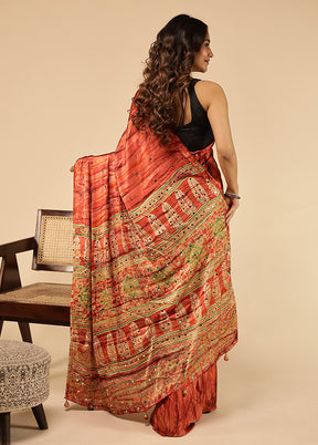 Rust Printed Silk Saree Without Blouse Piece
