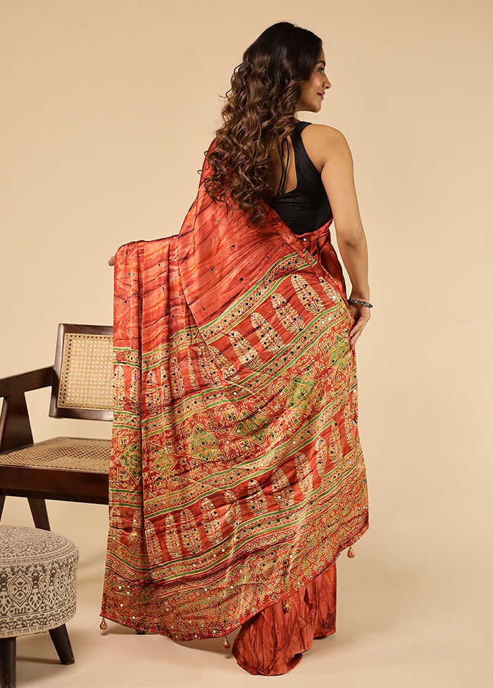 Rust Printed Silk Saree Without Blouse Piece