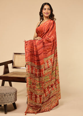 Rust Printed Silk Saree Without Blouse Piece