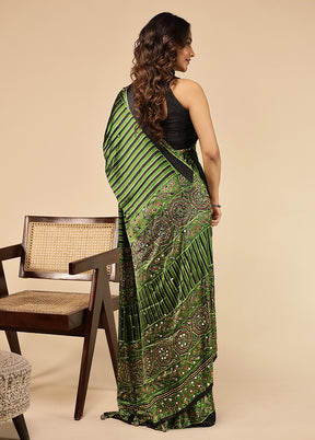 Green Printed Silk Saree Without Blouse Piece