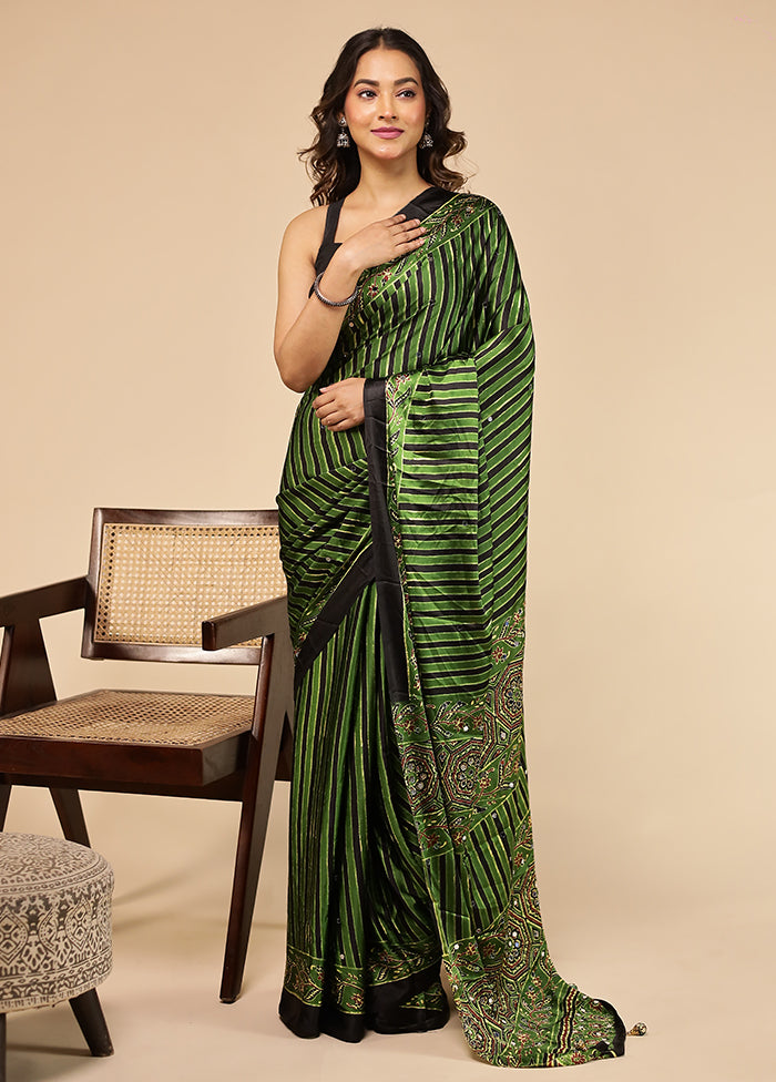 Green Printed Silk Saree Without Blouse Piece