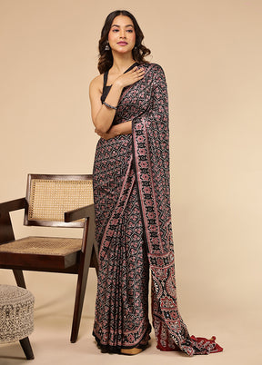 Black Printed Silk Saree Without Blouse Piece