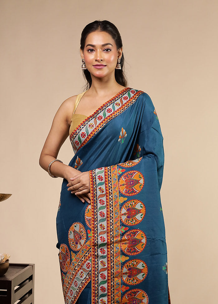 Blue Dupion Silk Saree With Blouse Piece