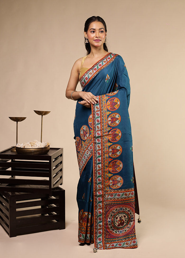 Blue Dupion Silk Saree With Blouse Piece
