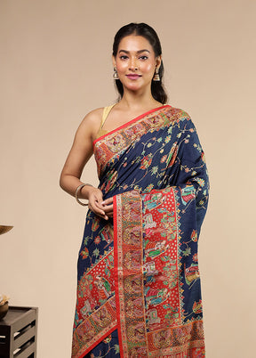 Blue Dupion Silk Saree With Blouse Piece