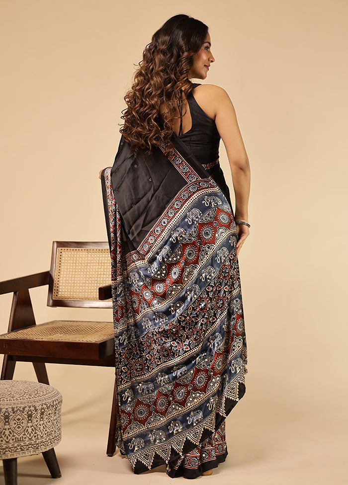 Black Printed Silk Saree Without Blouse Piece