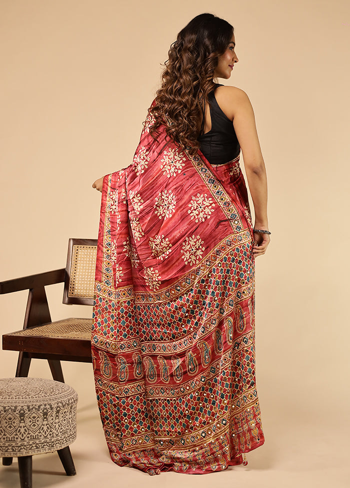 Pink Printed Silk Saree Without Blouse Piece