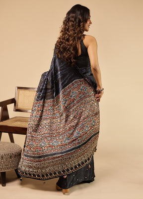 Blue Printed Silk Saree Without Blouse Piece