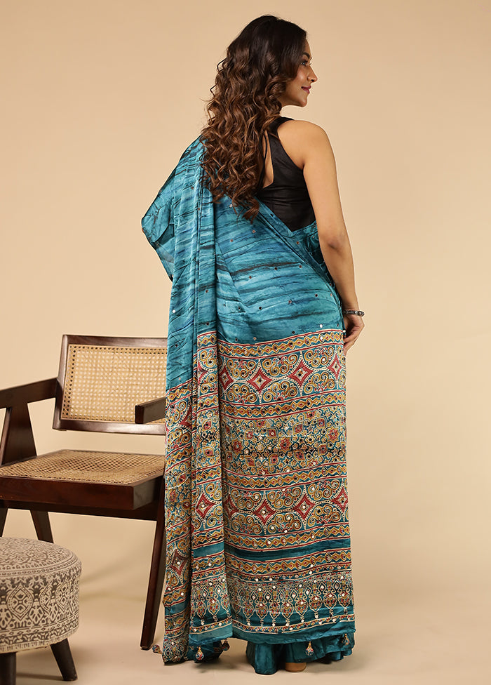 Blue Printed Silk Saree Without Blouse Piece