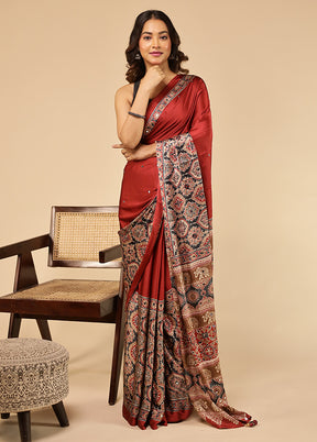 Red Printed Silk Saree Without Blouse Piece
