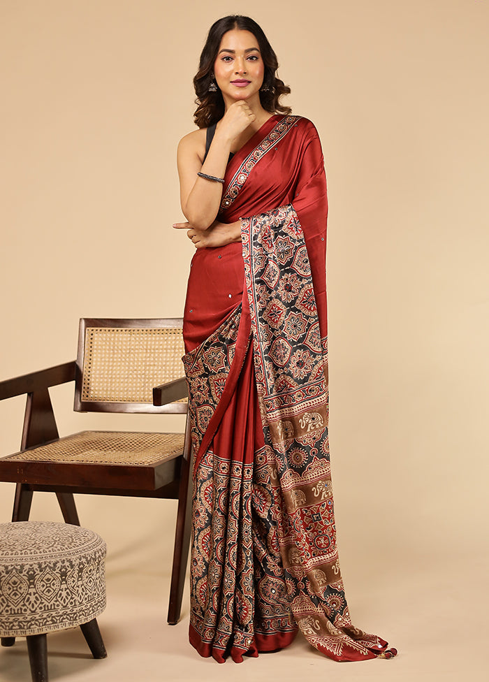 Red Printed Silk Saree Without Blouse Piece