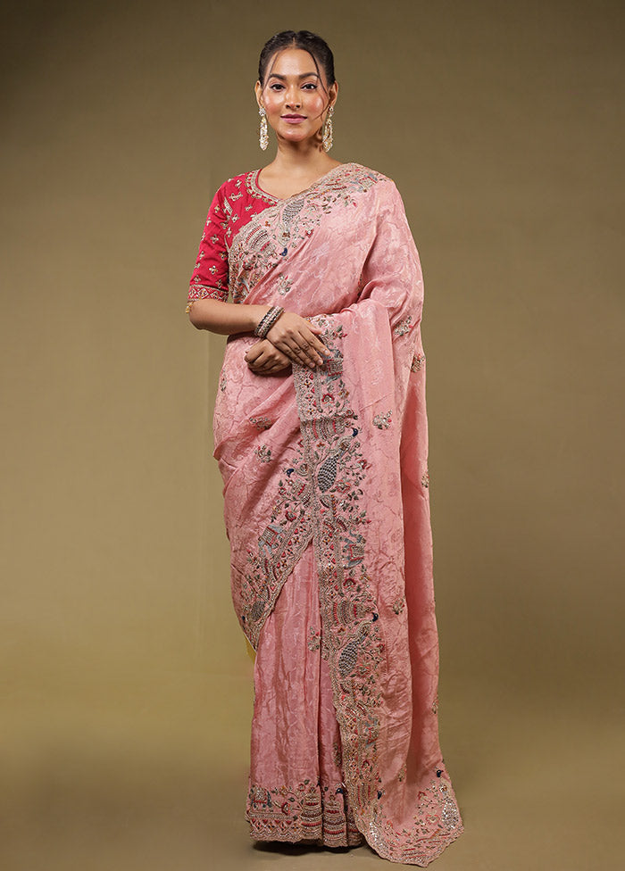 Pink Handloom Pure Georgette Saree With Blouse Piece