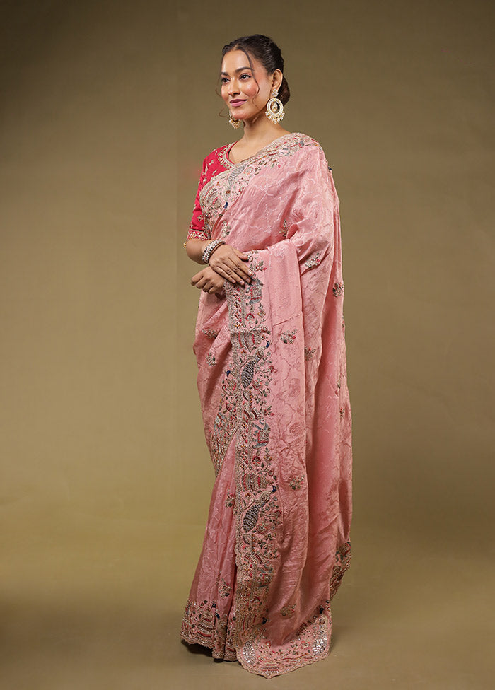 Pink Handloom Pure Georgette Saree With Blouse Piece
