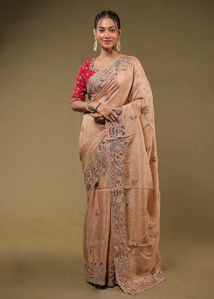 Cream Handloom Pure Georgette Saree With Blouse Piece
