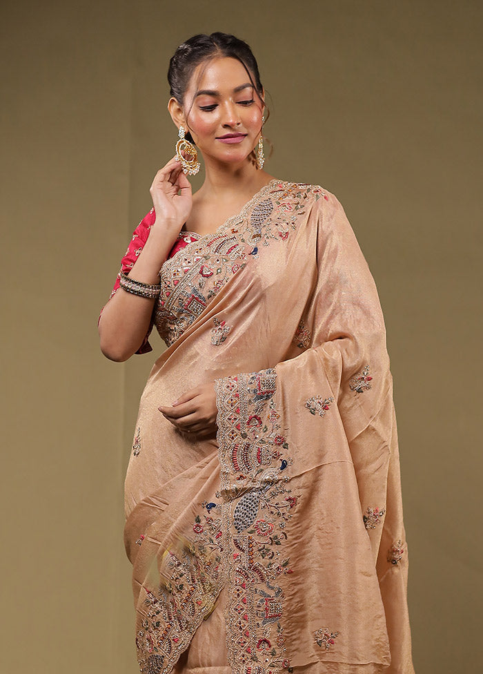 Cream Handloom Pure Georgette Saree With Blouse Piece