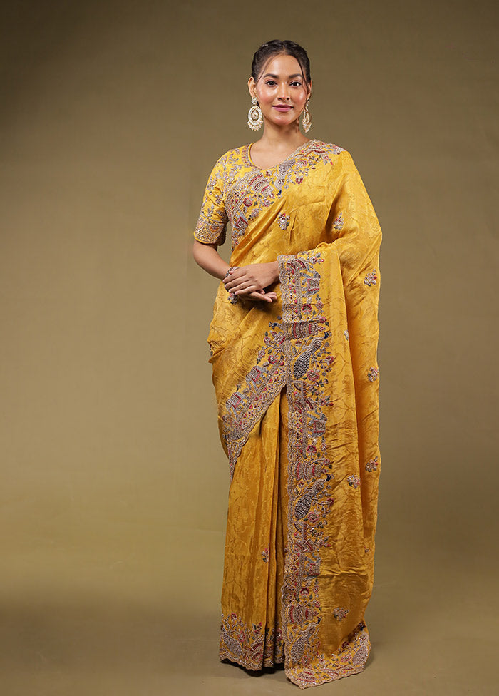 Yellow Handloom Pure Georgette Saree With Blouse Piece