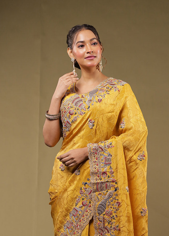 Yellow Handloom Pure Georgette Saree With Blouse Piece