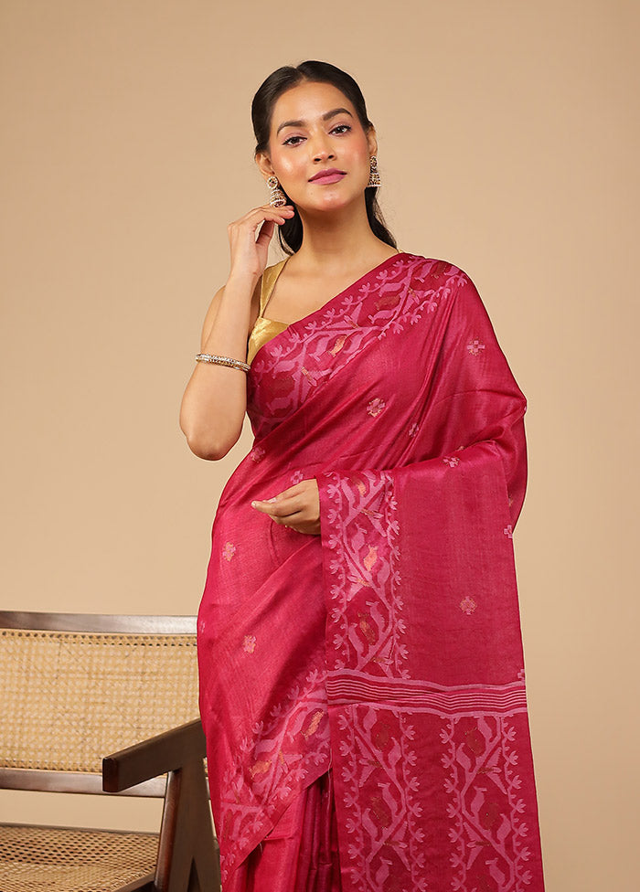 Purple Handloom Tussar Pure Silk Saree With Blouse Piece