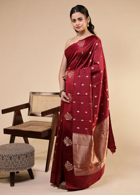 Maroon Handloom Katan Pure Silk Saree With Blouse Piece