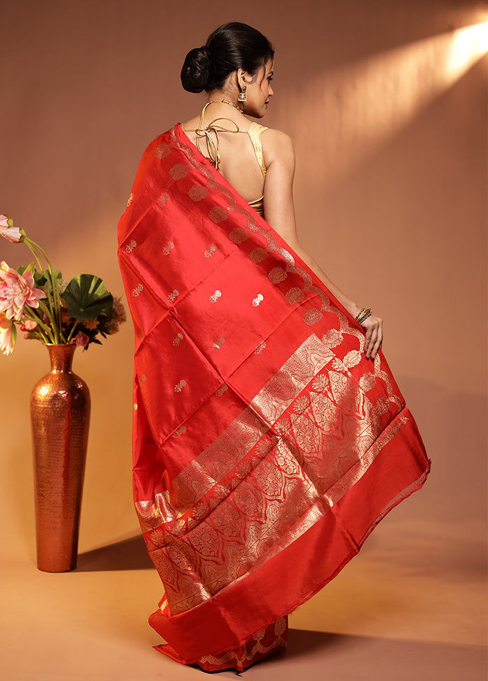 Red Handloom Katan Pure Silk Saree With Blouse Piece