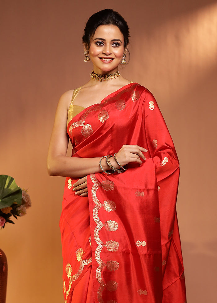 Red Handloom Katan Pure Silk Saree With Blouse Piece