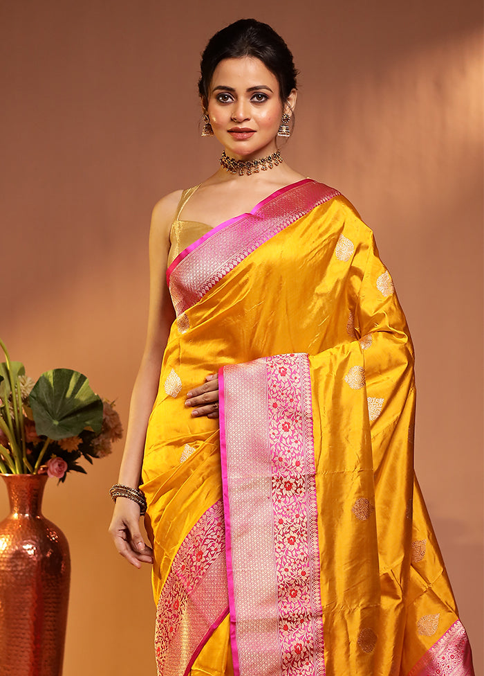 Yellow Handloom Katan Pure Silk Saree With Blouse Piece
