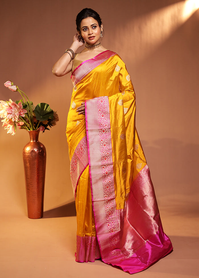 Yellow Handloom Katan Pure Silk Saree With Blouse Piece