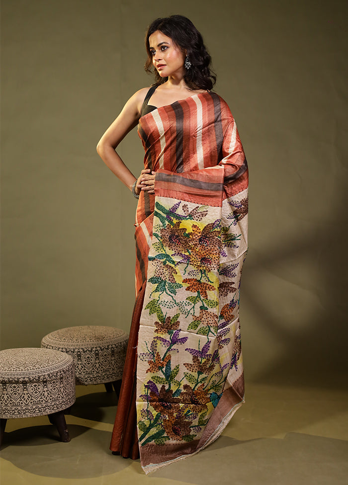 Pink Handloom Tussar Pure Silk Saree With Blouse Piece