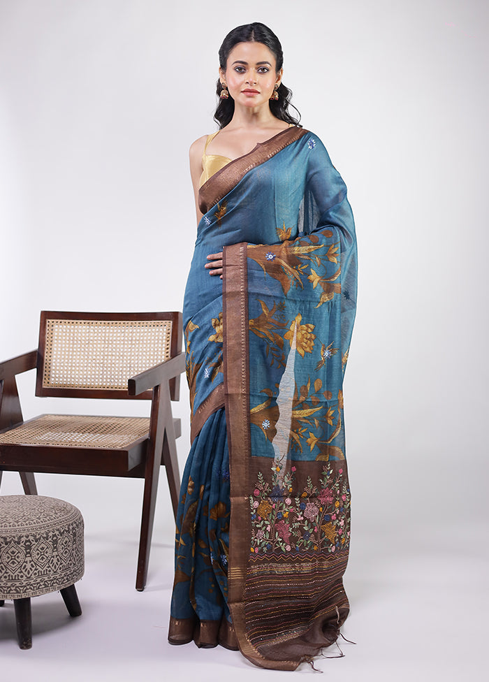 Blue Handloom Tussar Pure Silk Saree With Blouse Piece