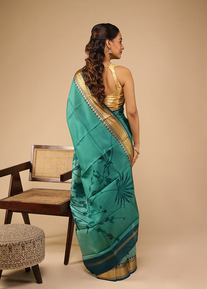 Green Printed Pure Silk Saree Without Blouse Piece
