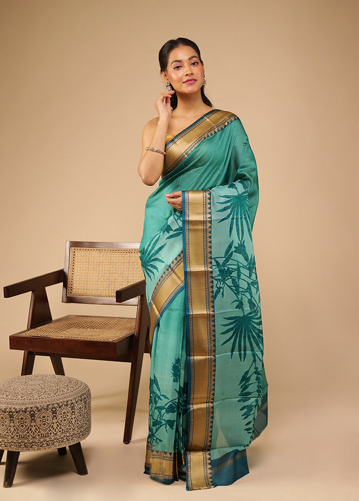 Green Printed Pure Silk Saree Without Blouse Piece