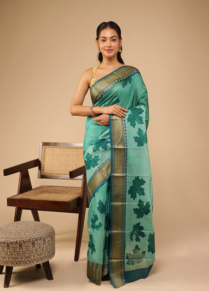 Green Printed Pure Silk Saree Without Blouse Piece