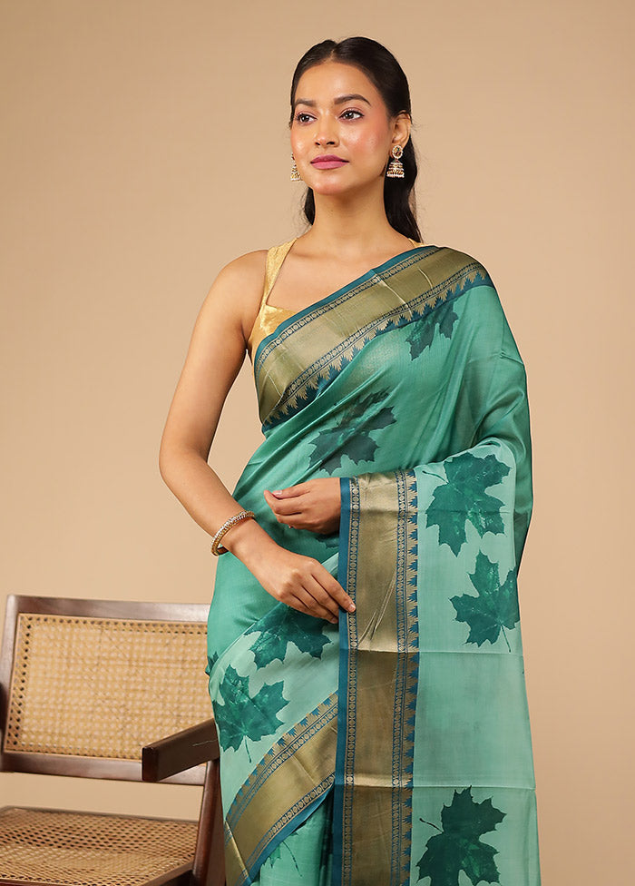 Green Printed Pure Silk Saree Without Blouse Piece