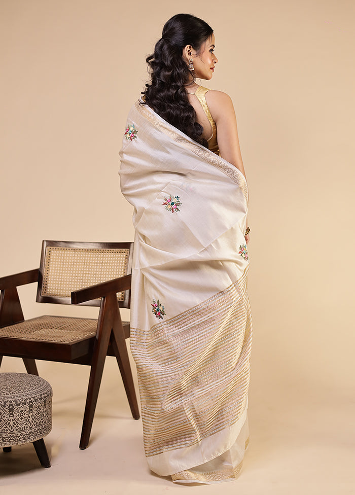 Cream Tussar Silk Saree With Blouse Piece
