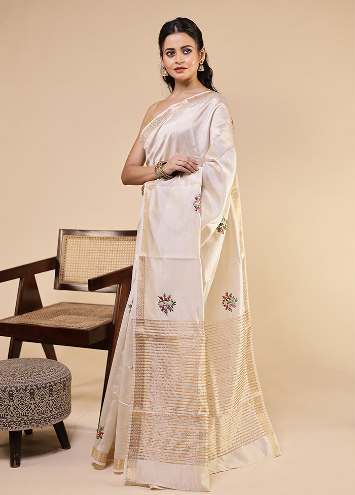 Cream Tussar Silk Saree With Blouse Piece