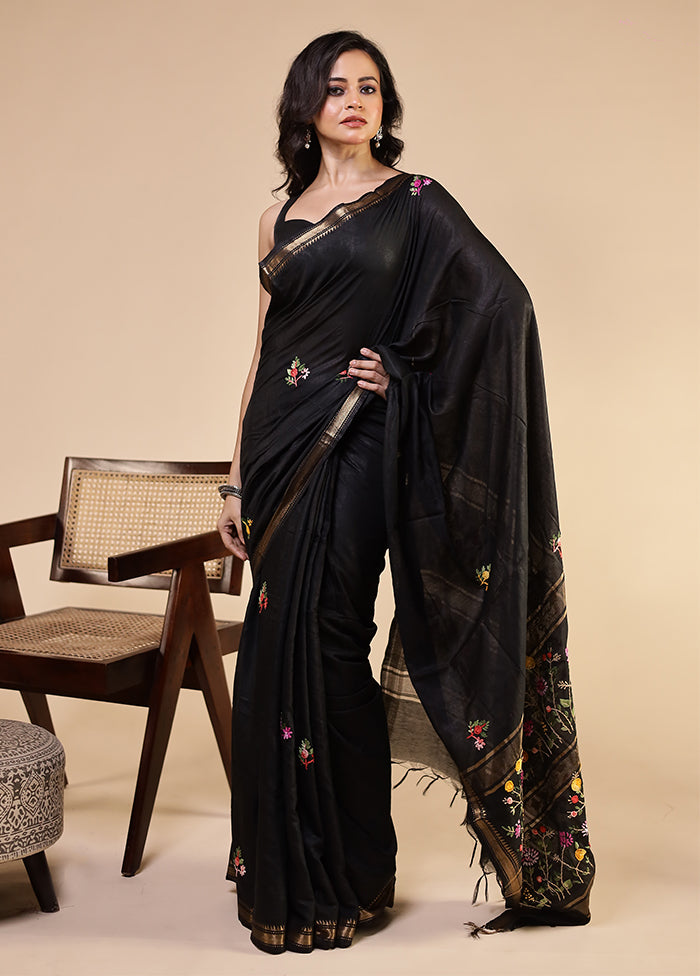 Black Tussar Silk Saree With Blouse Piece