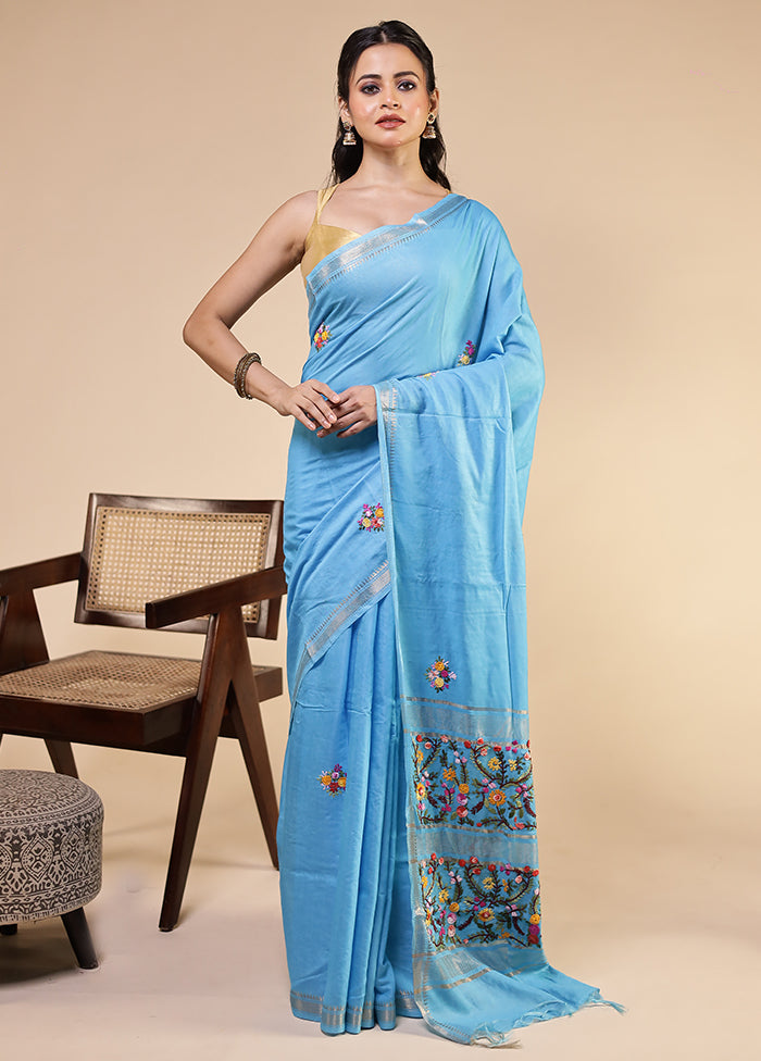 Blue Tussar Silk Saree With Blouse Piece