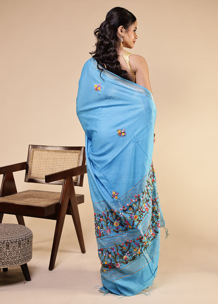 Blue Tussar Silk Saree With Blouse Piece