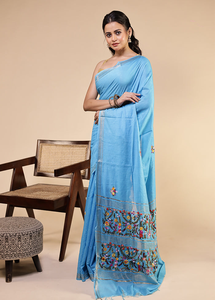 Blue Tussar Silk Saree With Blouse Piece