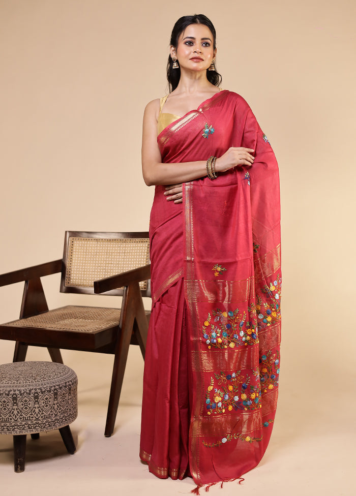 Pink Tussar Silk Saree With Blouse Piece