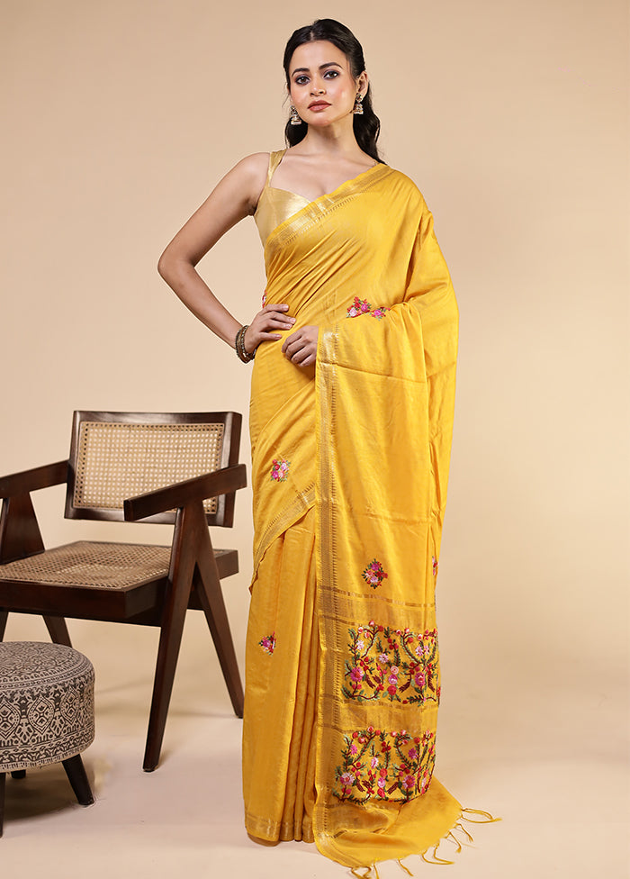 Yellow Tussar Silk Saree With Blouse Piece