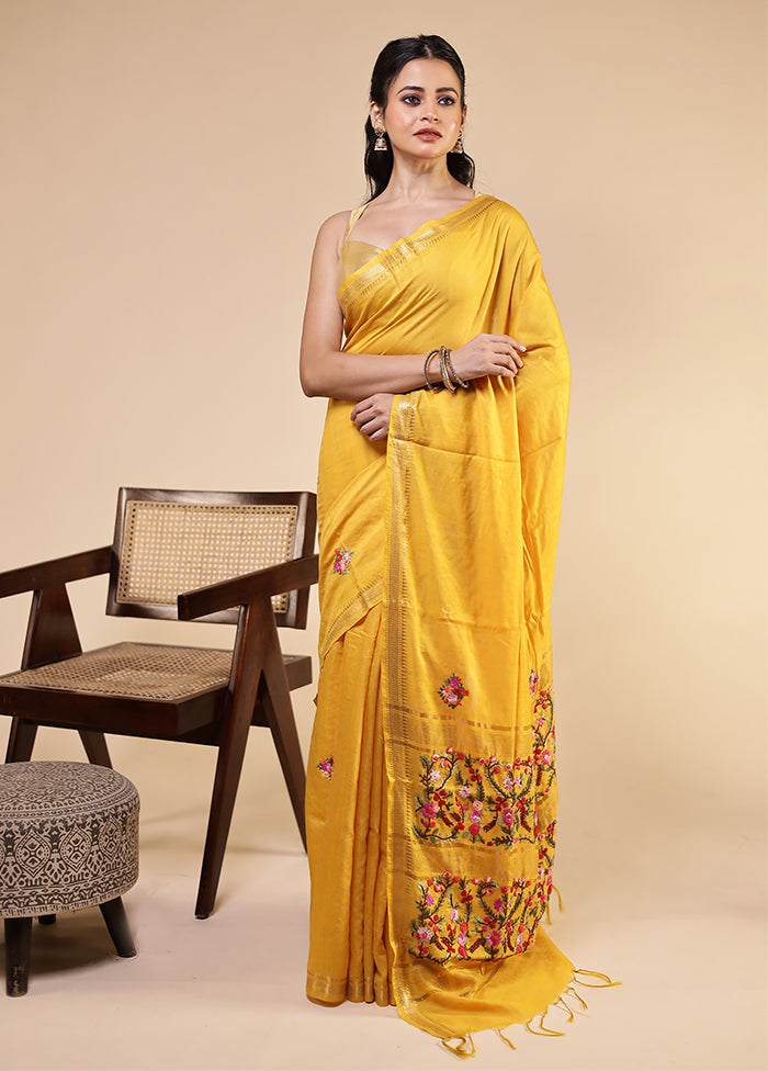 Yellow Tussar Silk Saree With Blouse Piece