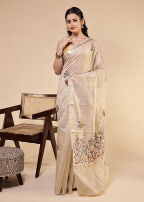 Cream Tussar Silk Saree With Blouse Piece