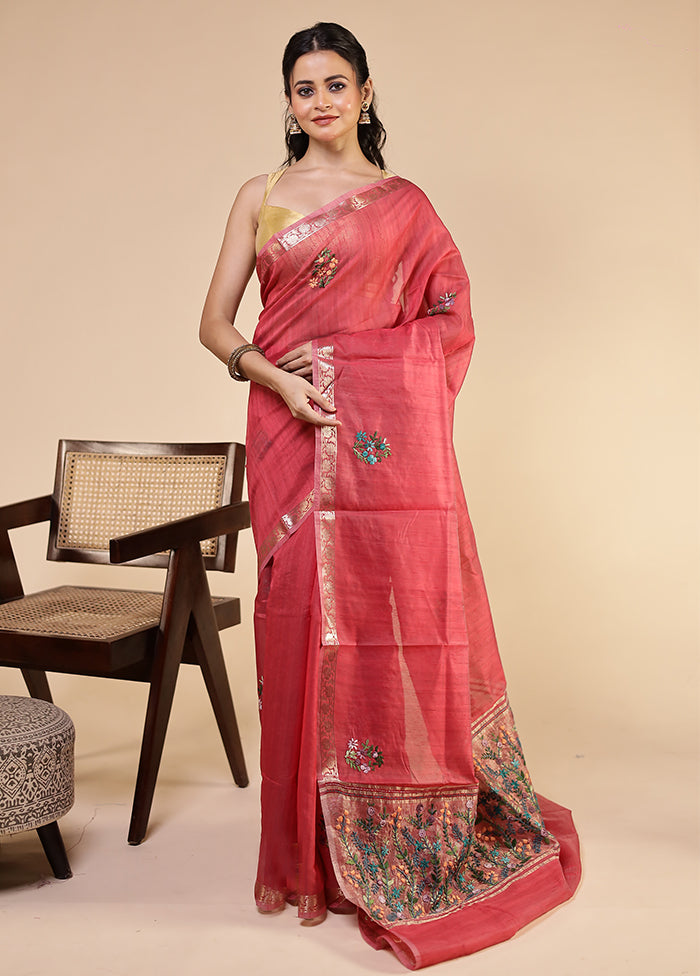 Red Tussar Silk Saree With Blouse Piece