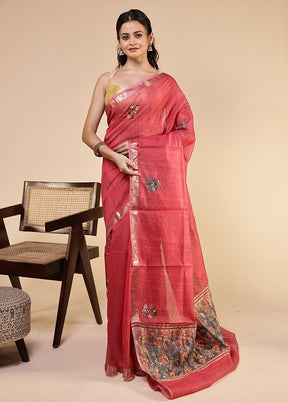 Red Tussar Silk Saree With Blouse Piece