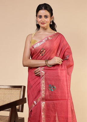 Red Tussar Silk Saree With Blouse Piece