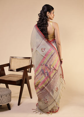 Grey Linen Silk Saree With Blouse Piece