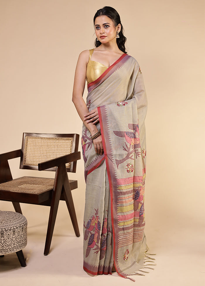 Grey Linen Silk Saree With Blouse Piece