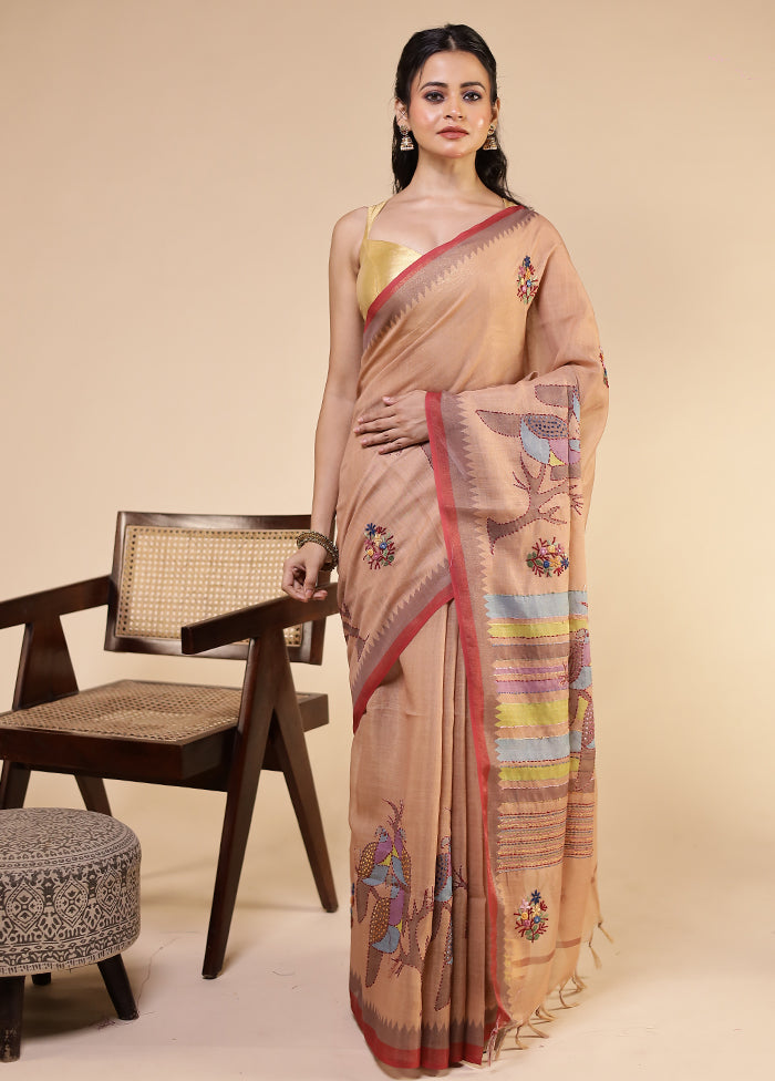 Peach Linen Silk Saree With Blouse Piece