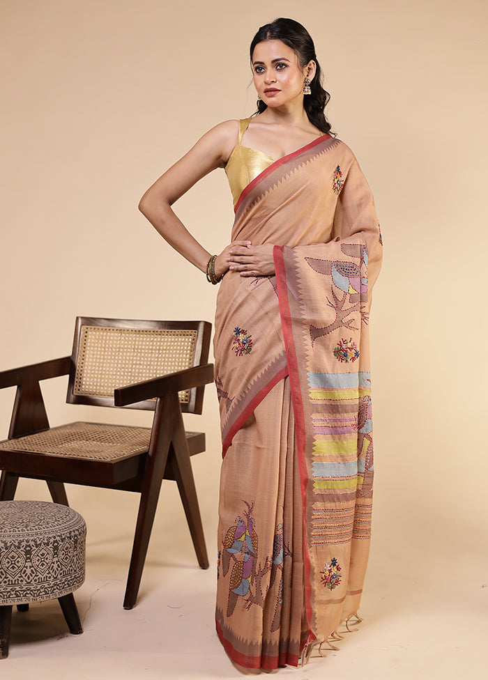 Peach Linen Silk Saree With Blouse Piece